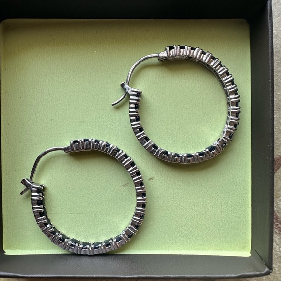 Ross-Simons sterling silver blue sapphire inside outside hoop earrings - Picture 8 of 15